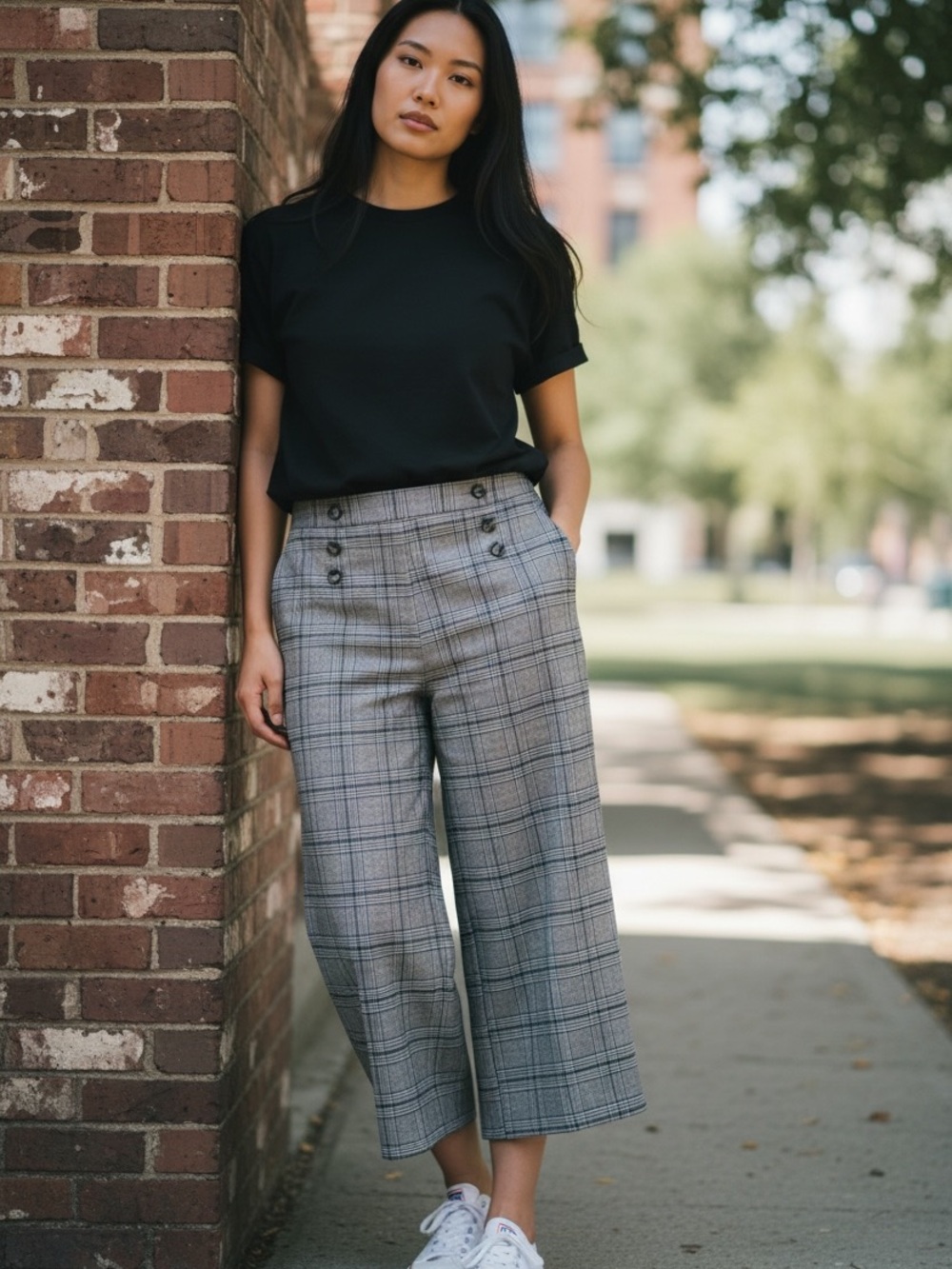 Riley & Rae Black Tee with Gray Plaid High-Waist Wide-Leg Capris